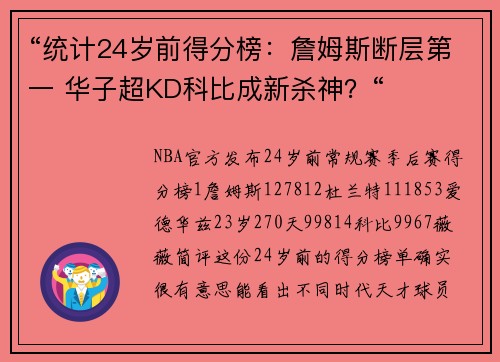 “统计24岁前得分榜：詹姆斯断层第一 华子超KD科比成新杀神？“
